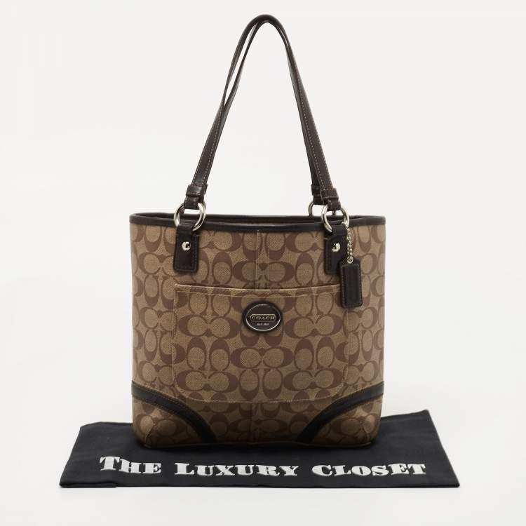 Pre Owned Coach Beige/Brown Signature Coated Canvas and Leather Heritage Peyton Tote
