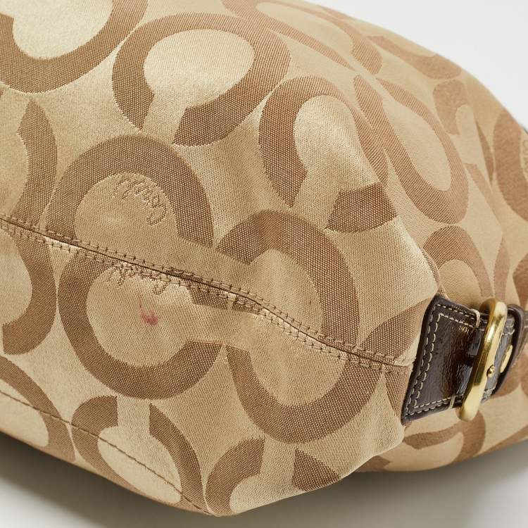Pre Owned Coach Beige/Brown Op Art Canvas and Patent Leather Julianne Hobo  