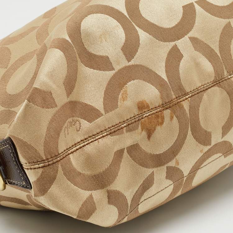 Pre Owned Coach Beige/Brown Op Art Canvas and Patent Leather Julianne Hobo  