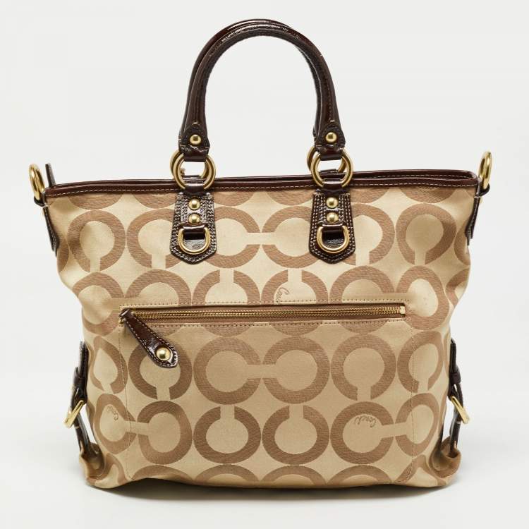 Pre Owned Coach Beige/Brown Op Art Canvas and Patent Leather Julianne Hobo  
