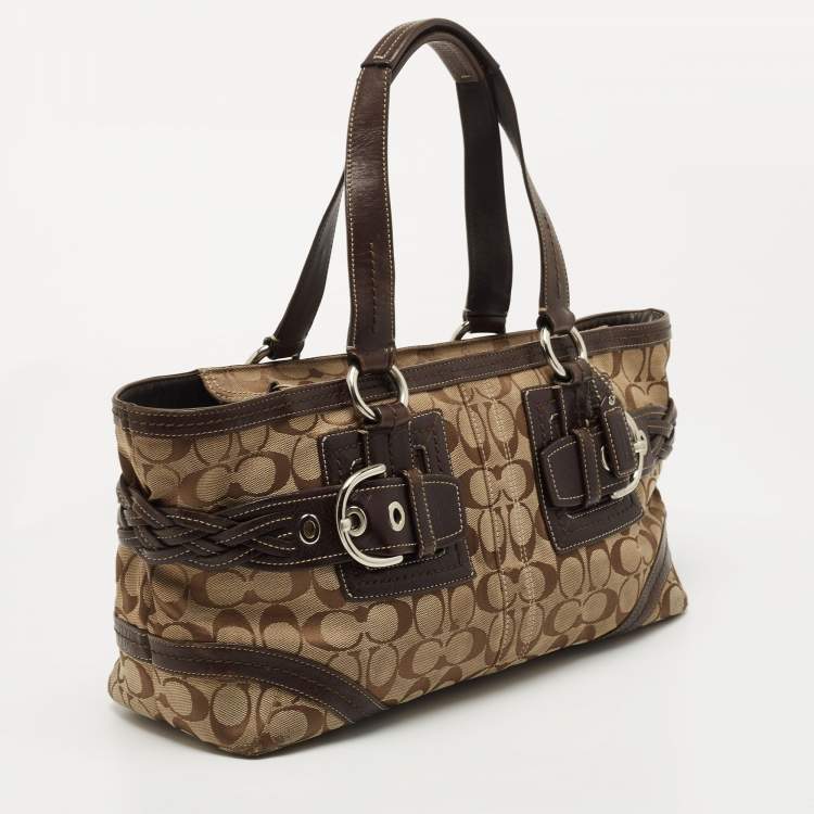 Pre Owned Coach Beige/Brown Signature Canvas and Leather Tote
