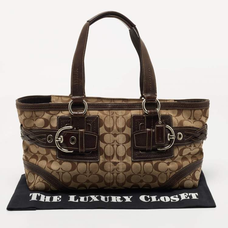 Pre Owned Coach Beige/Brown Signature Canvas and Leather Tote