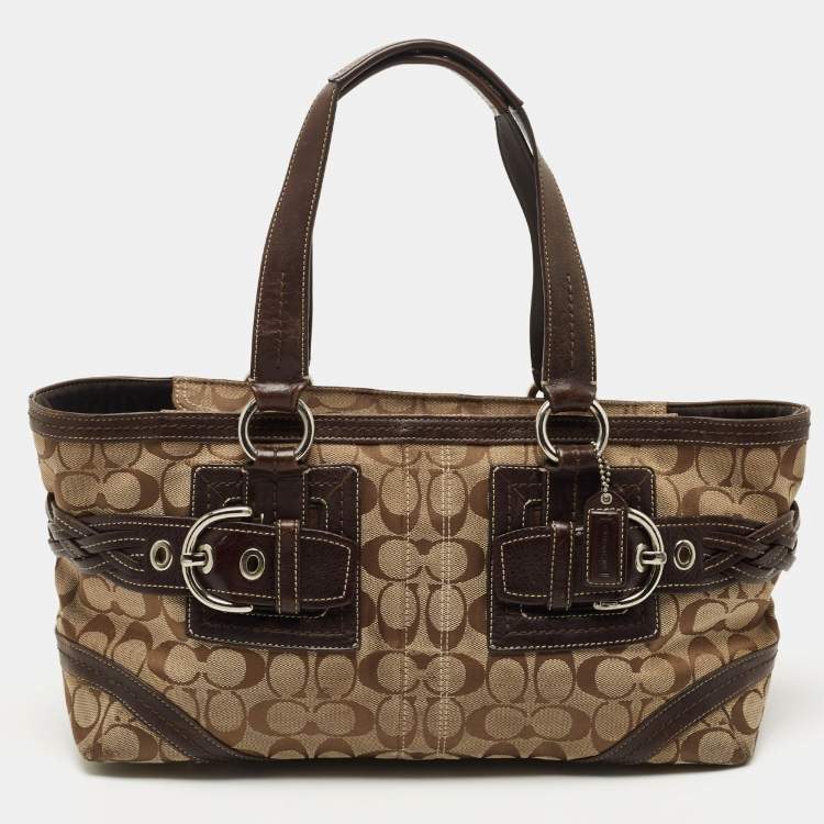 Pre Owned Coach Beige/Brown Signature Canvas and Leather Tote