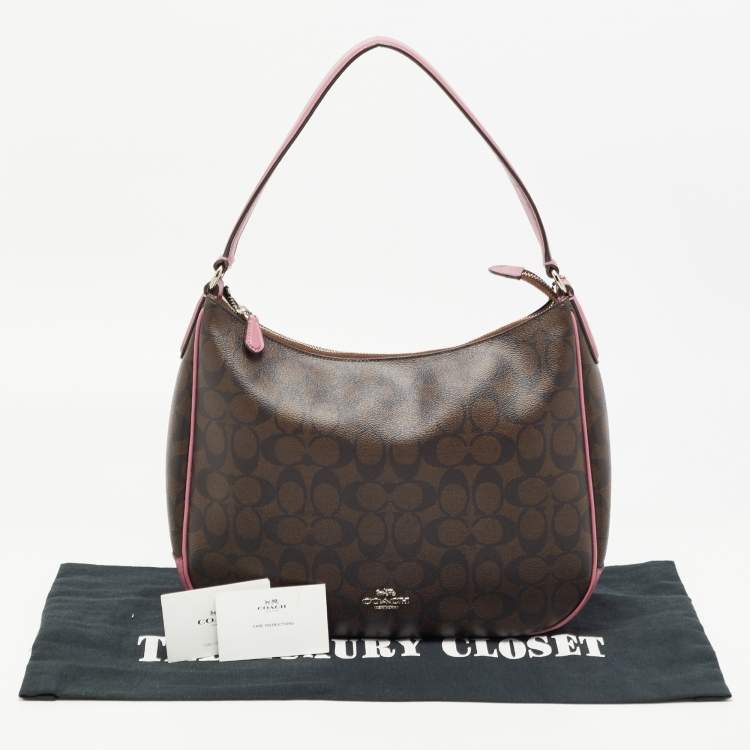 Pre Owned Coach Pink/Brown Signature Coated Canvas and Leather Zip Hobo