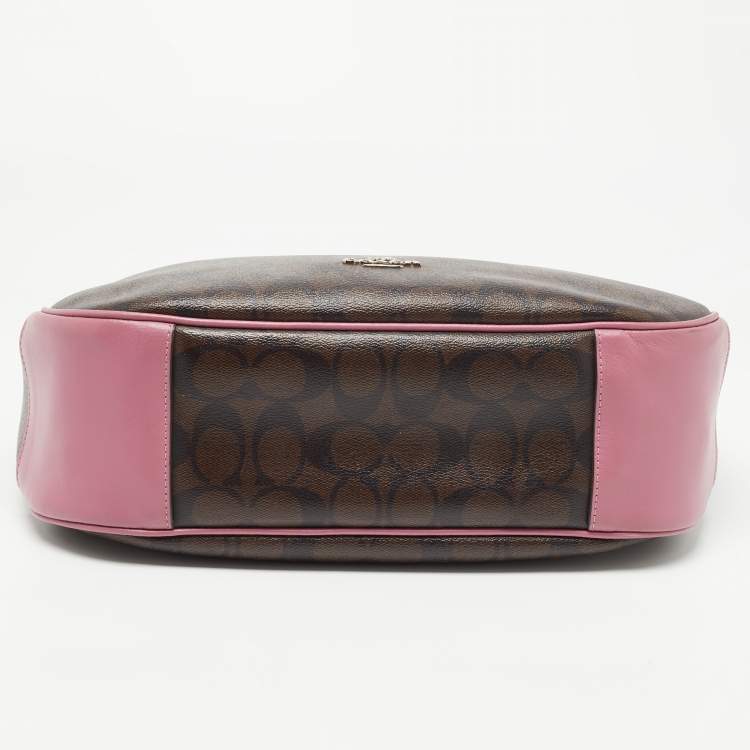 Pre Owned Coach Pink/Brown Signature Coated Canvas and Leather Zip Hobo