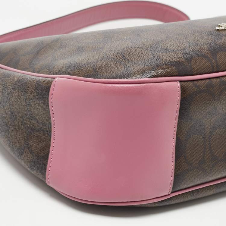 Pre Owned Coach Pink/Brown Signature Coated Canvas and Leather Zip Hobo