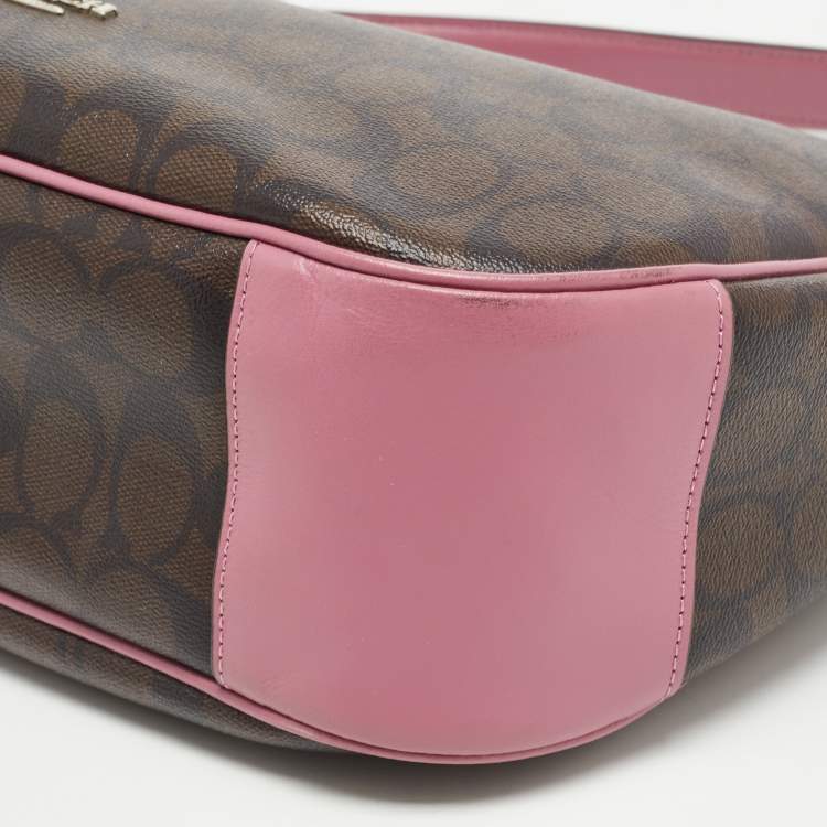 Pre Owned Coach Pink/Brown Signature Coated Canvas and Leather Zip Hobo