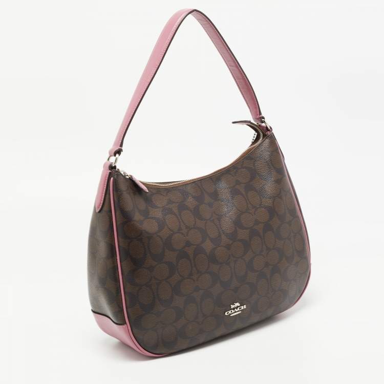 Pre Owned Coach Pink/Brown Signature Coated Canvas and Leather Zip Hobo