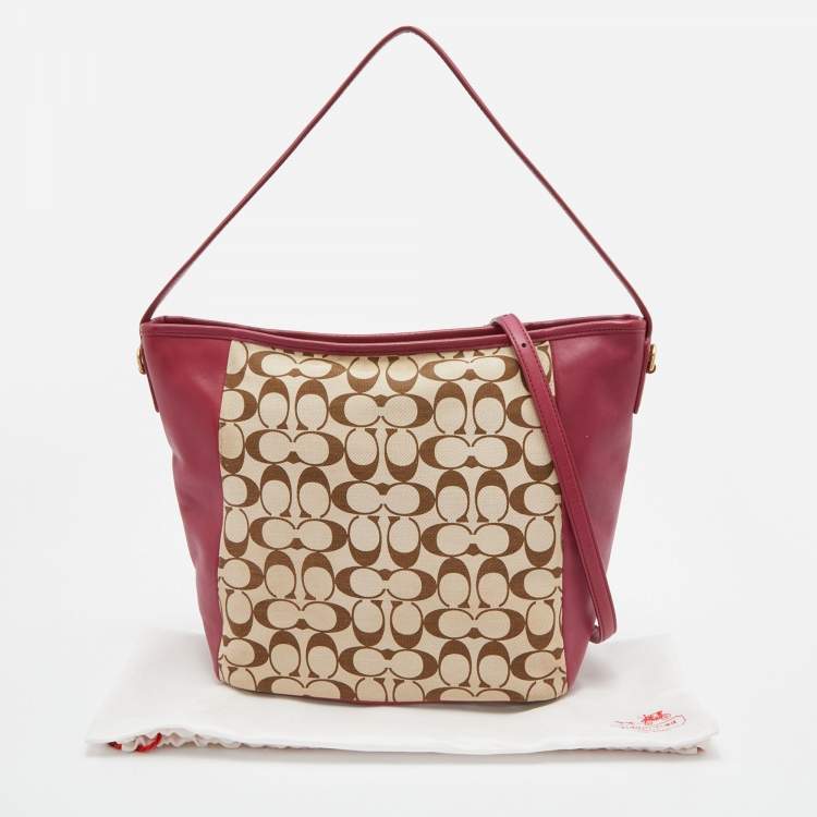 Pre Owned Coach Beige/Maroon Leather and Signature Canvas Shoulder Bag