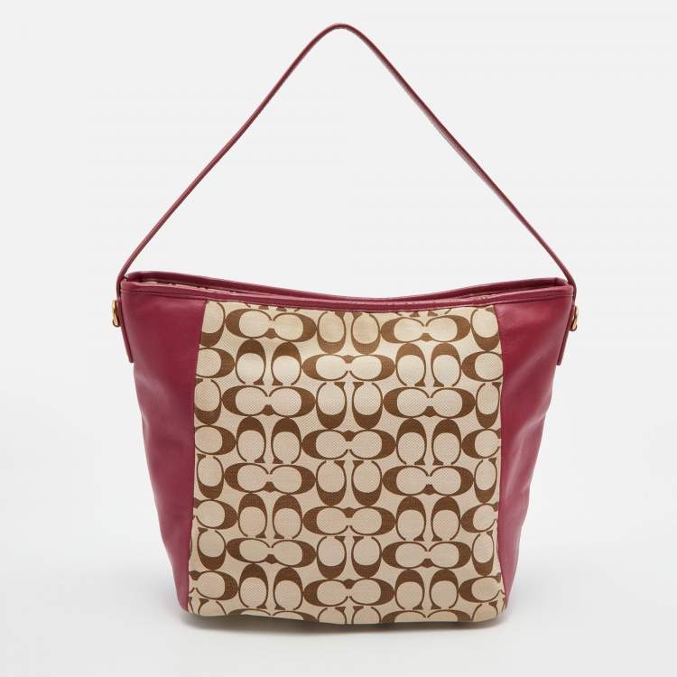 Pre Owned Coach Beige/Maroon Leather and Signature Canvas Shoulder Bag