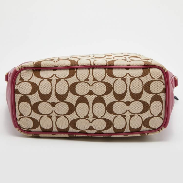 Pre Owned Coach Beige/Maroon Leather and Signature Canvas Shoulder Bag