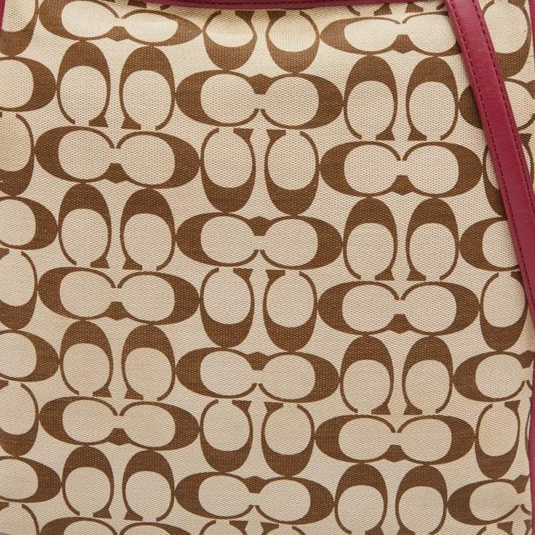 Pre Owned Coach Beige/Maroon Leather and Signature Canvas Shoulder Bag