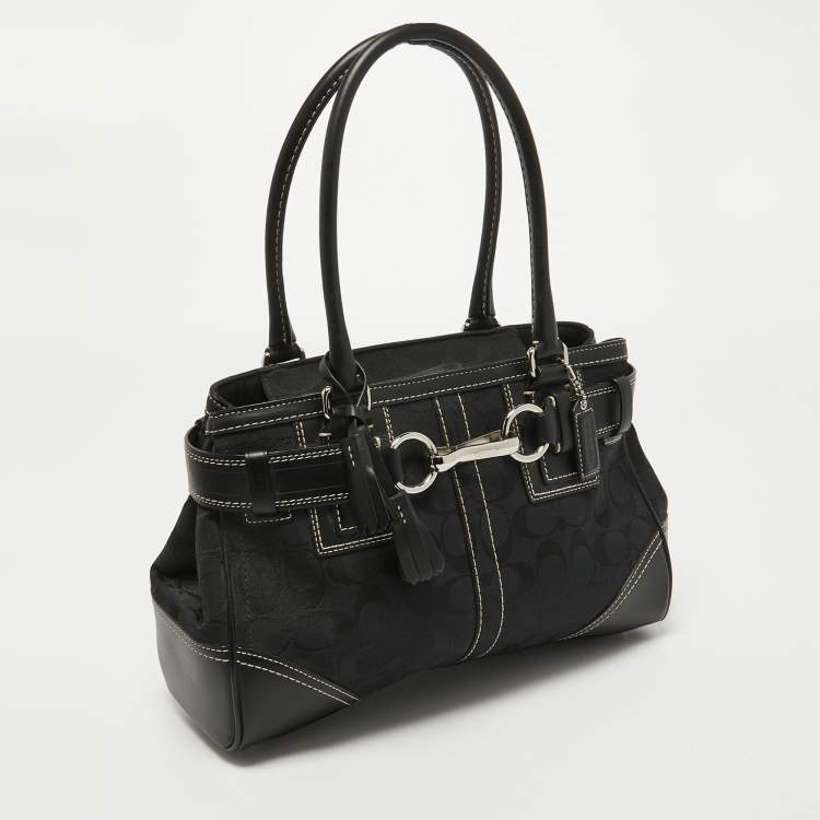 Pre Owned Coach Black Signature Canvas and Leather Hampton Tote