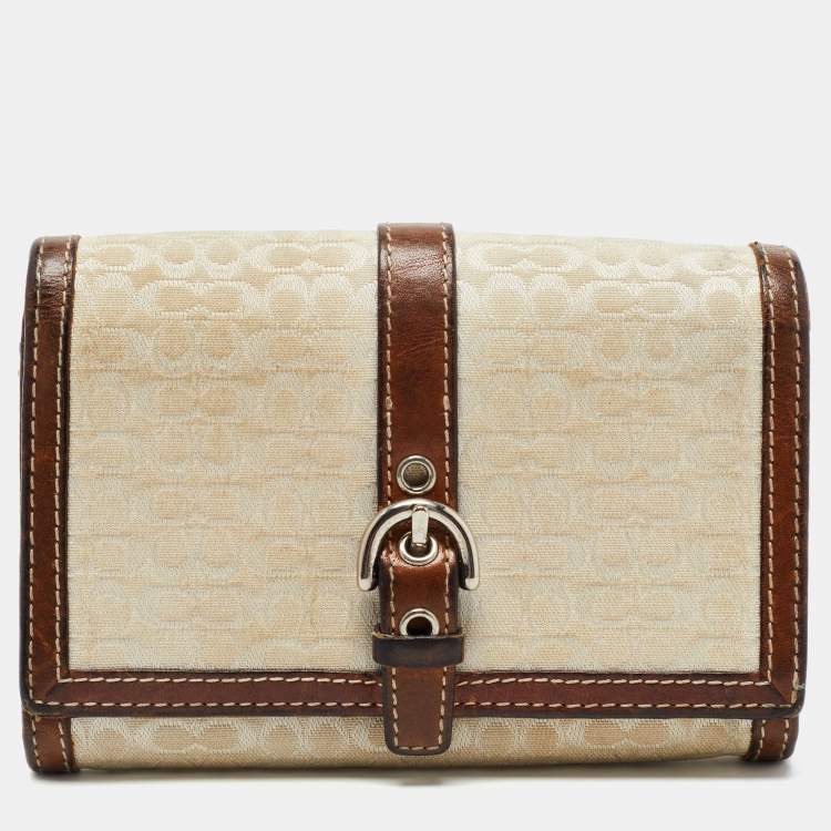 Coach Brown Signature Canvas and Leather Buckle Flap Wallet Coach