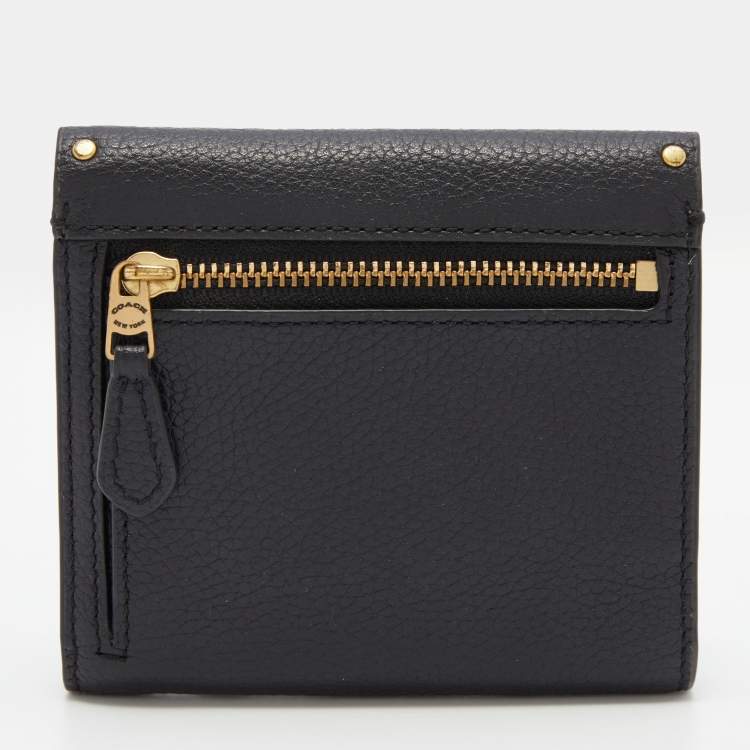 Pre Owned Coach Black Studded Leather Colorblock Trifold Wallet 