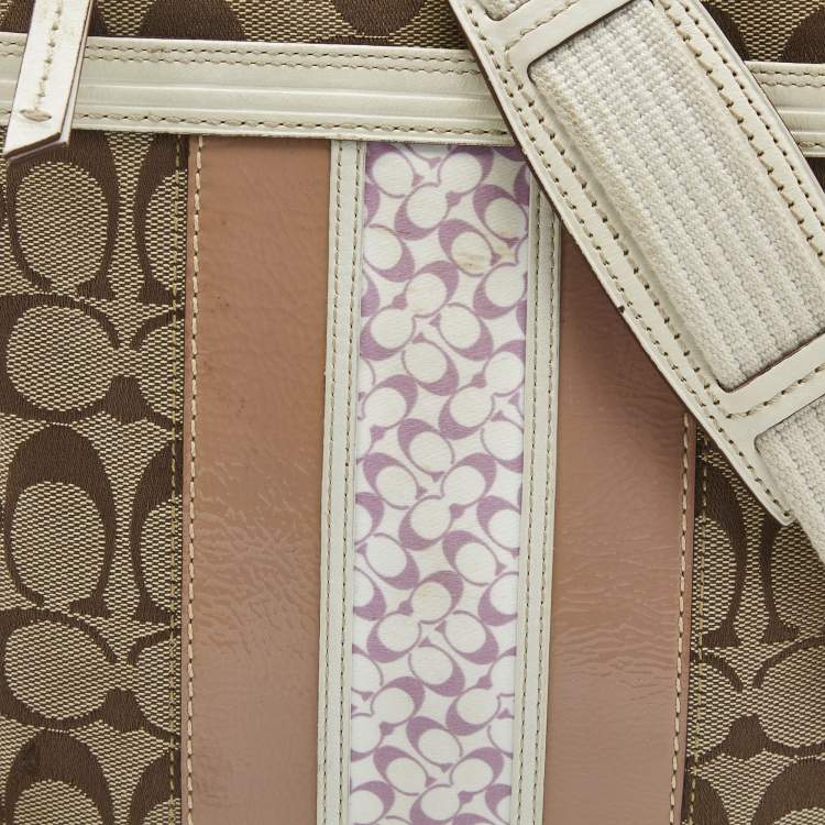 Pre Owned Coach Beige/White Signature Canvas Striped Crossbody Bag