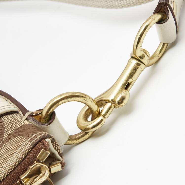 Pre Owned Coach Beige/White Signature Canvas Striped Crossbody Bag