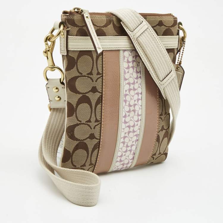 Pre Owned Coach Beige/White Signature Canvas Striped Crossbody Bag