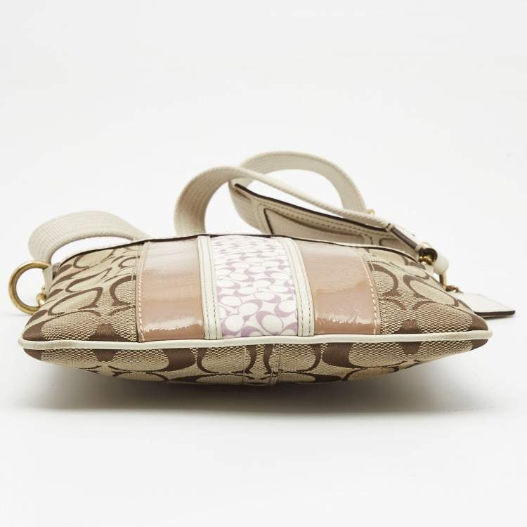 Pre Owned Coach Beige/White Signature Canvas Striped Crossbody Bag