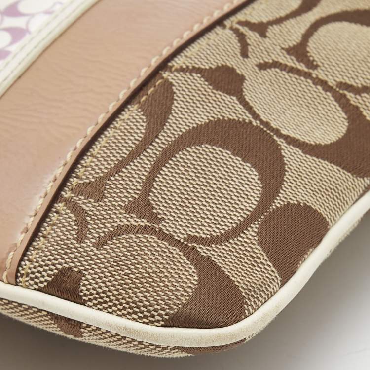 Pre Owned Coach Beige/White Signature Canvas Striped Crossbody Bag