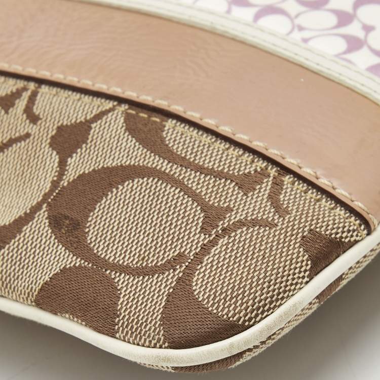 Pre Owned Coach Beige/White Signature Canvas Striped Crossbody Bag
