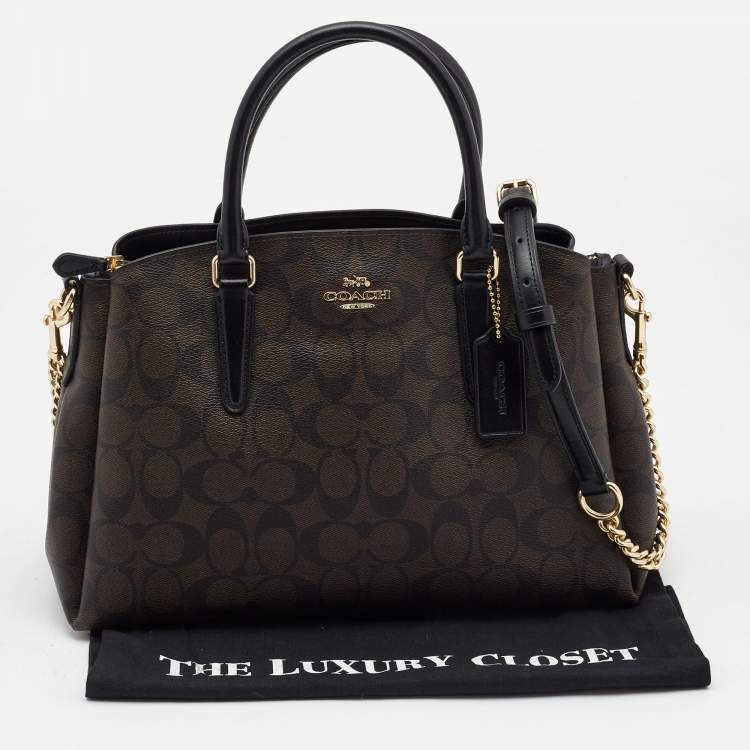 Pre Owned Coach Brown/Black Signature Coated Canvas Sage Carryall Satchel