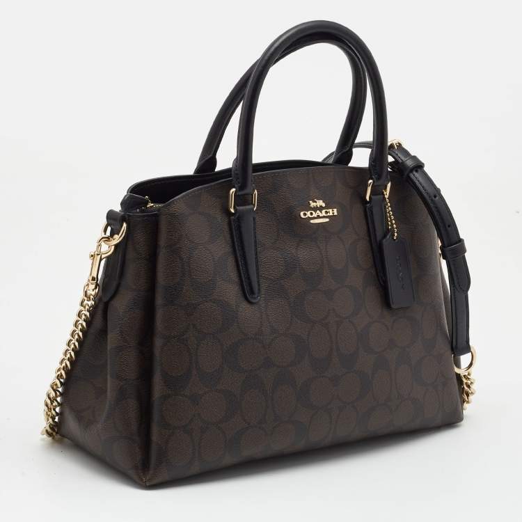 Pre Owned Coach Brown/Black Signature Coated Canvas Sage Carryall Satchel