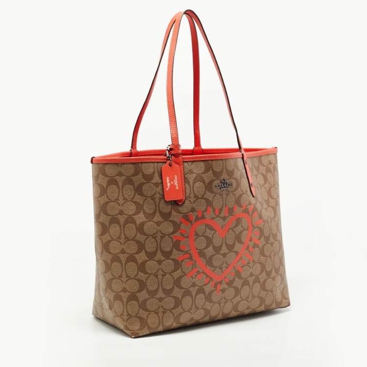Pre Owned Coach x Keith Hering Beige/Orange Signature Coated Canvas and Leather Heart Graffiti City Reversible Tote 