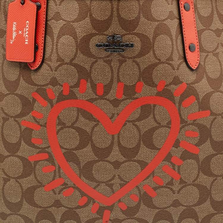 Pre Owned Coach x Keith Hering Beige/Orange Signature Coated Canvas and Leather Heart Graffiti City Reversible Tote 