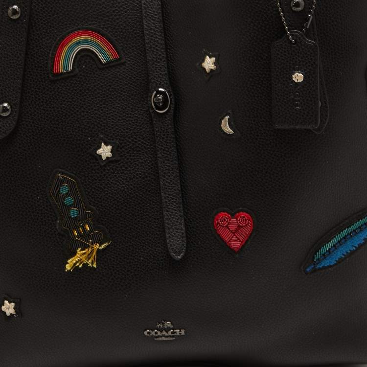 Pre Owned Coach Black Leather Large Souvenir Embroidery Market Tote