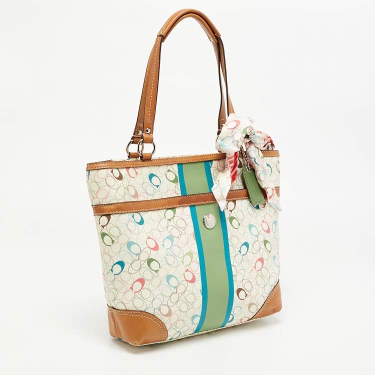 Pre Owned Coach Multicolor Signature Coated Canvas and Leather Chelsea Heritage Stripe Tote