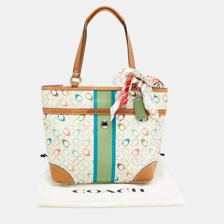 Pre Owned Coach Multicolor Signature Coated Canvas and Leather Chelsea Heritage Stripe Tote