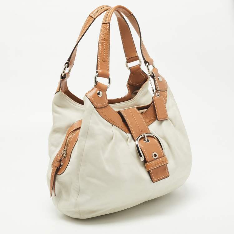 Pre Owned Coach White/Brown Canvas and Leather Large Soho Hobo