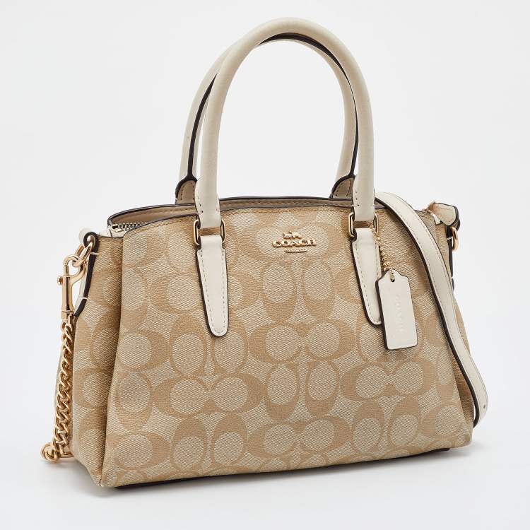 Pre Owned Coach Beige Signature Coated Canvas and Leather Mini Sage Carryall Satchel
