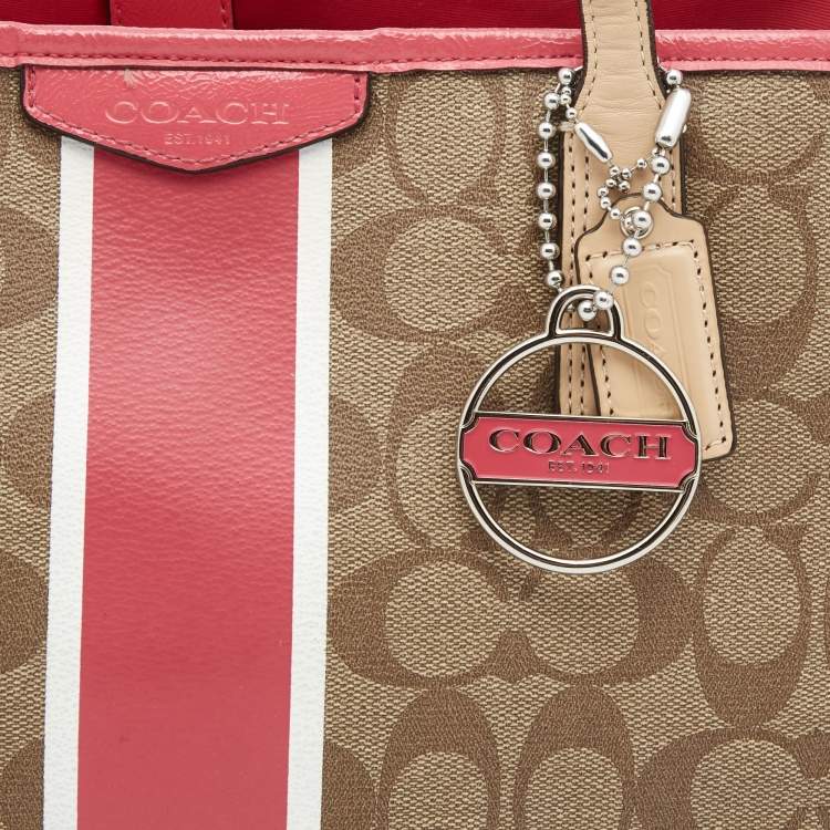 Pre Owned Coach Beige/Pink Signture Coated Canvas and Leather Striped Drawstring Tote