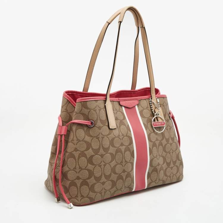 Pre Owned Coach Beige/Pink Signture Coated Canvas and Leather Striped Drawstring Tote