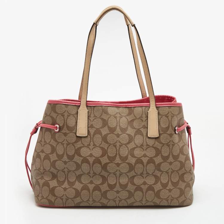 Pre Owned Coach Beige/Pink Signture Coated Canvas and Leather Striped Drawstring Tote