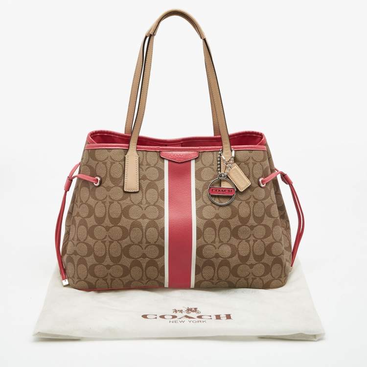 Pre Owned Coach Beige/Pink Signture Coated Canvas and Leather Striped Drawstring Tote