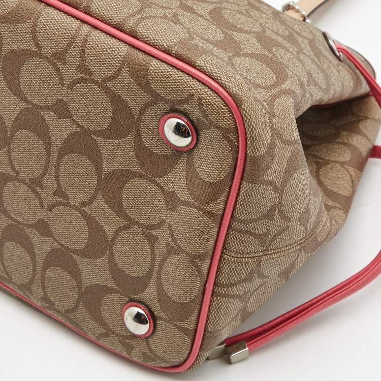Pre Owned Coach Beige/Pink Signture Coated Canvas and Leather Striped Drawstring Tote