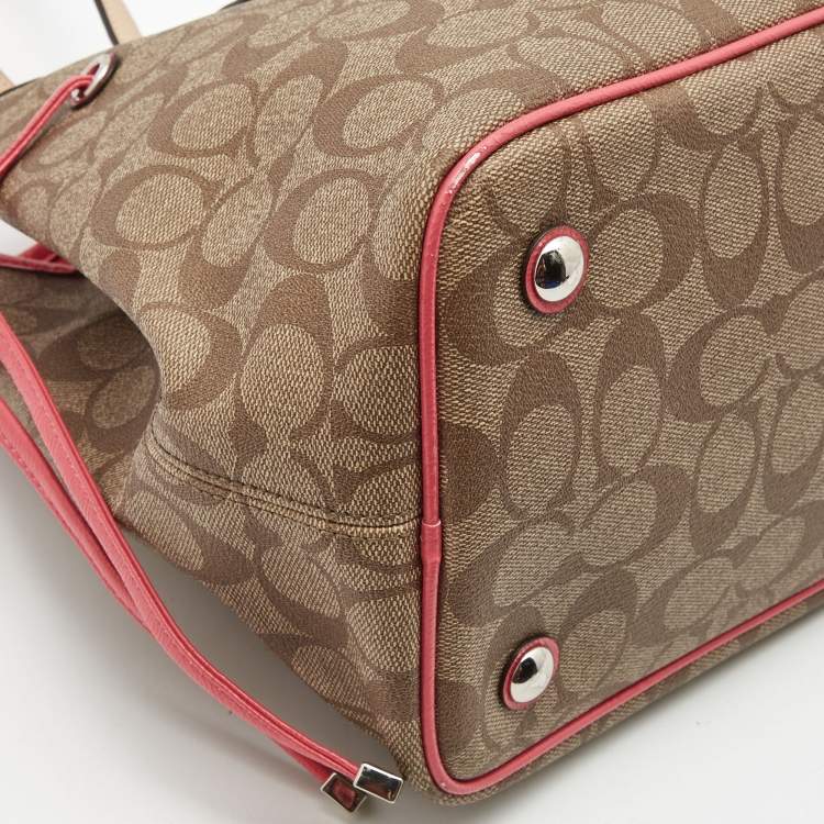 Pre Owned Coach Beige/Pink Signture Coated Canvas and Leather Striped Drawstring Tote