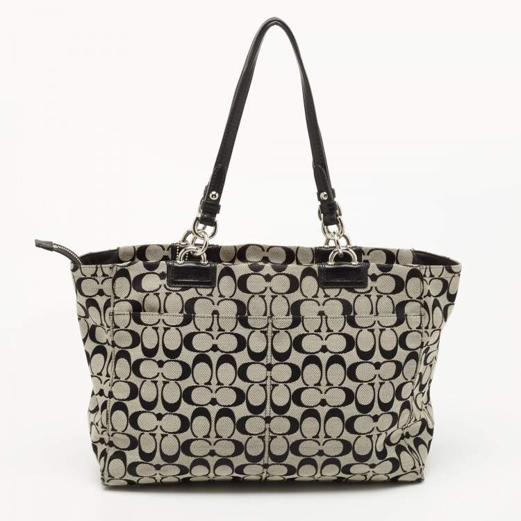 Pre Owned Coach Black/Grey Signature Canvas and Leather Penelope Tote