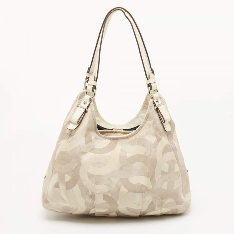 Pre Owned Coach White/Beige Op Art Canvas Madison Maggie Shoulder Bag