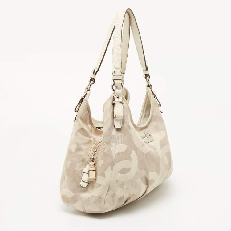 Pre Owned Coach White/Beige Op Art Canvas Madison Maggie Shoulder Bag