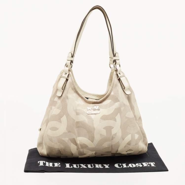Pre Owned Coach White/Beige Op Art Canvas Madison Maggie Shoulder Bag