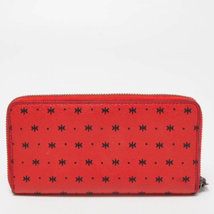 Pre Owned Coach Red/Black Prairie Bandana Print Leather Mickey Mouse Accordion Wallet 