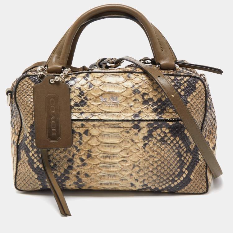 Pre Owned Coach Green Python Embossed Leather Zip Satchel