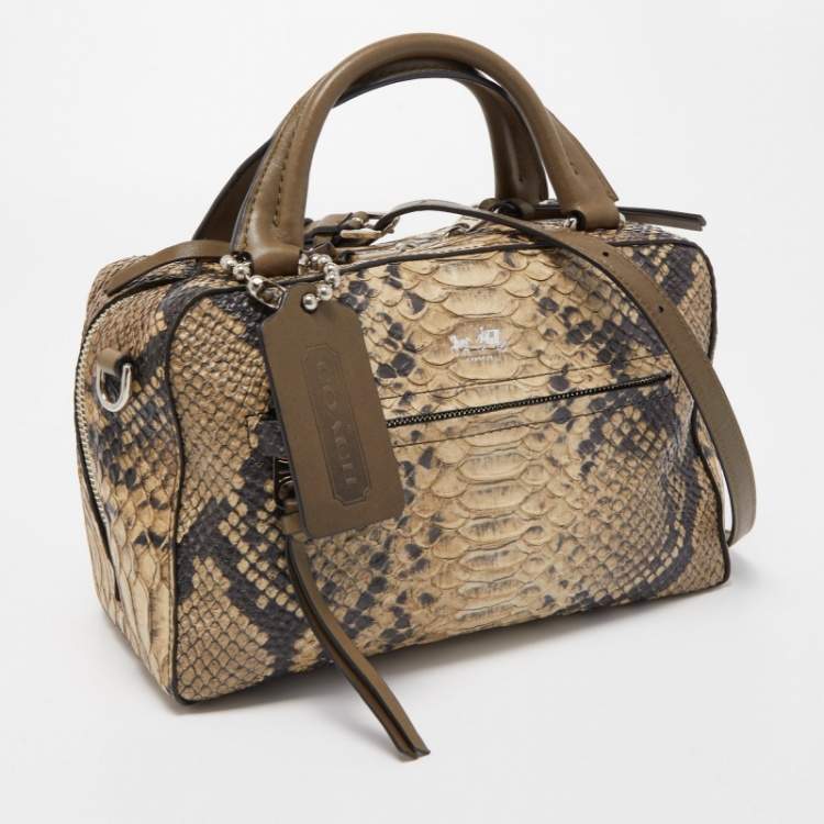 Pre Owned Coach Green Python Embossed Leather Zip Satchel
