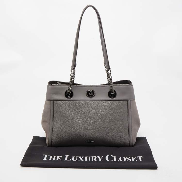 Pre Owned Coach Grey Leather and Suede Turnlock Edie Carryall Tote