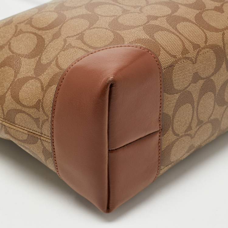 Pre Owned Coach Brown Signature Coated Canvas and Leather Top Zip Tote