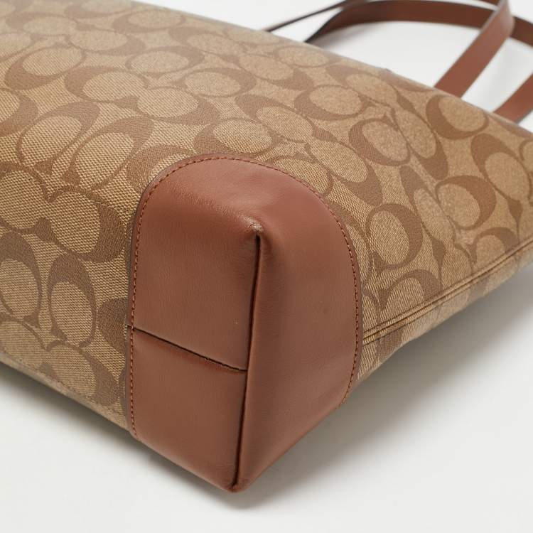 Pre Owned Coach Brown Signature Coated Canvas and Leather Top Zip Tote